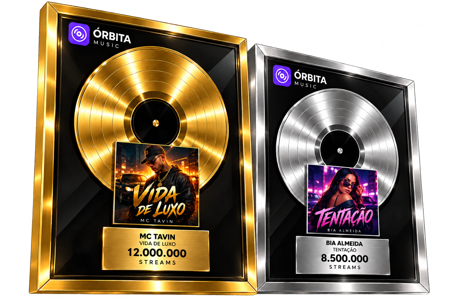 Exemplos ilustrativos de placas Órbita Music: Ouro e Prata, com disco, capa e identificação do lançamento